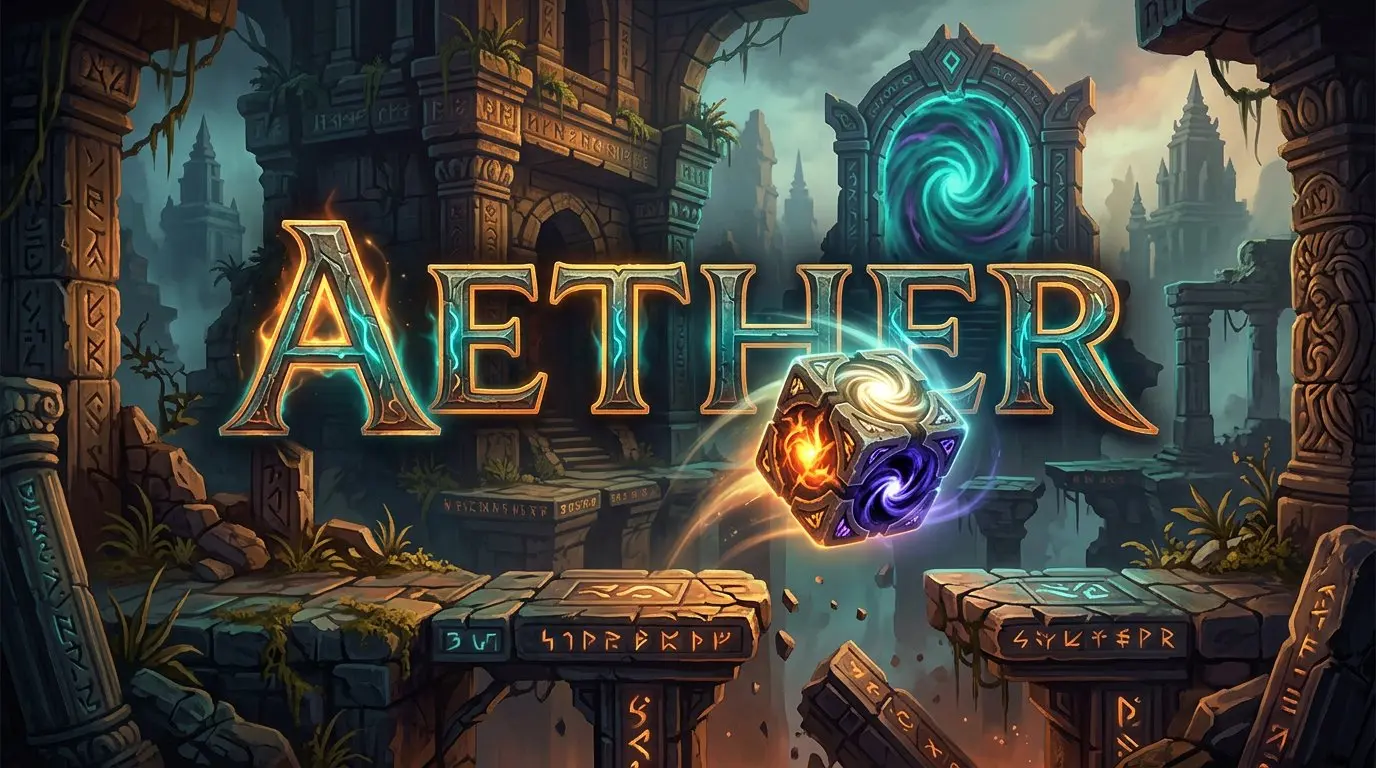 AETHER temple world with a glowing rune cube and portal