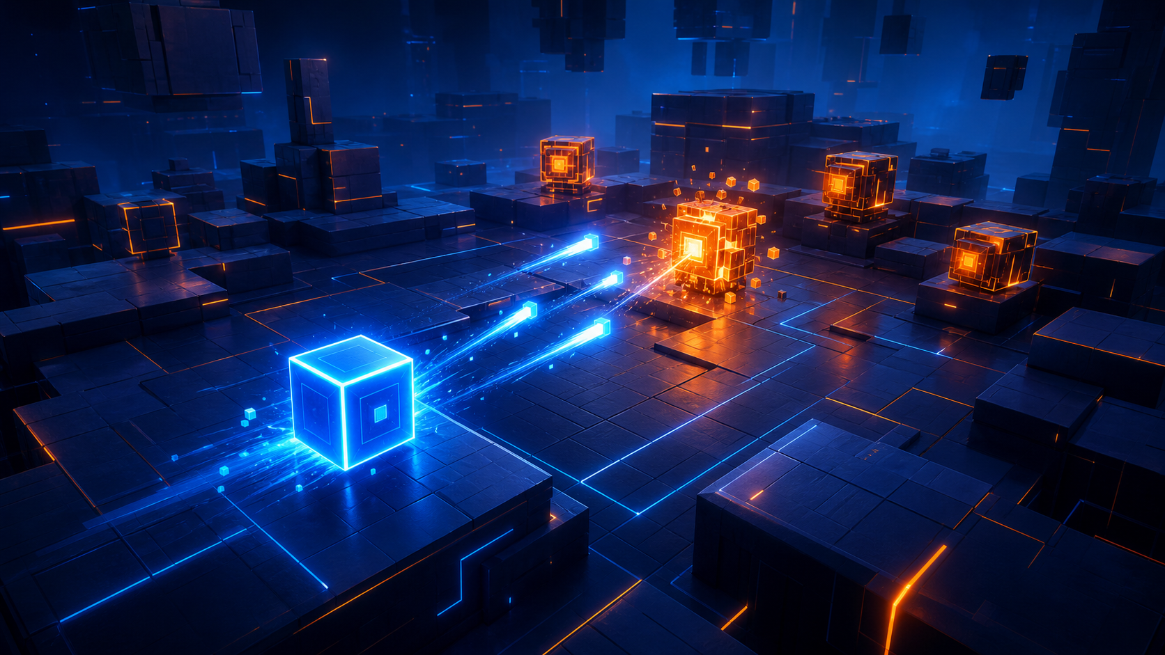 Cube Shooter concept art showing a blue cube firing energy at orange cube targets