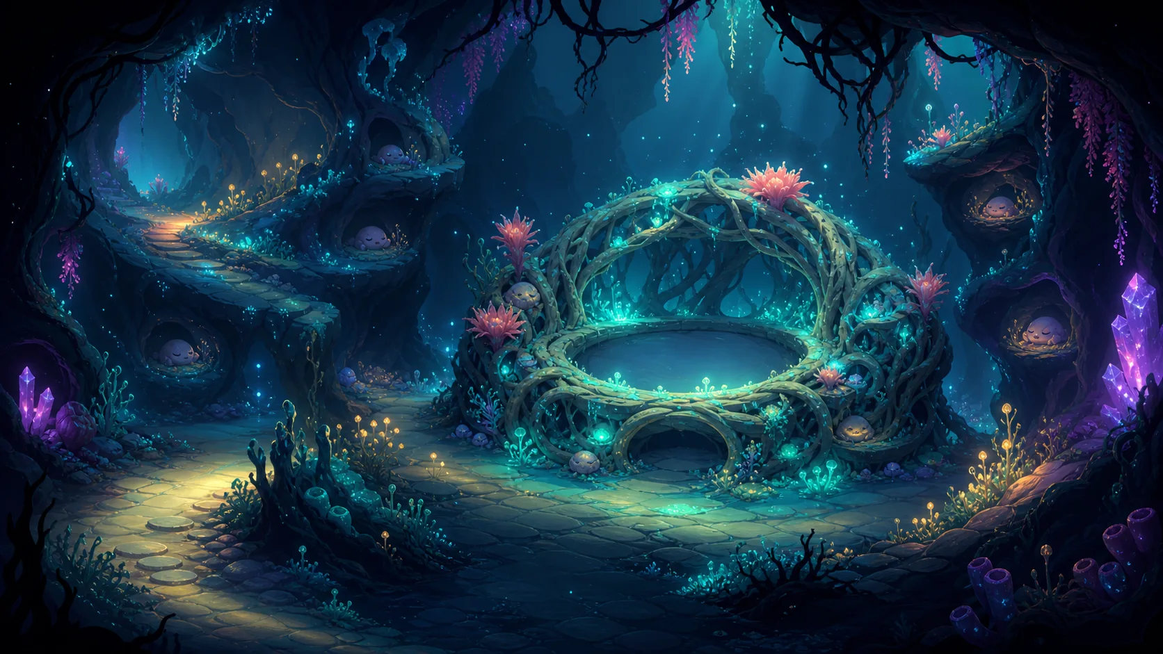 Echolotl sanctuary cave with glowing echo plants and sleeping cave creatures