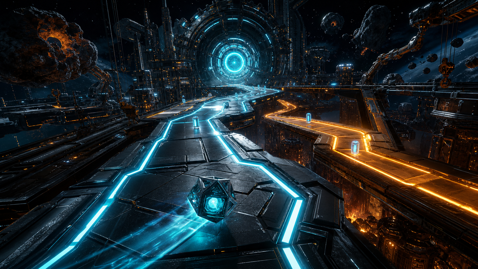 Orbital Neon cover art showing the kinetic prism approaching branching neon routes