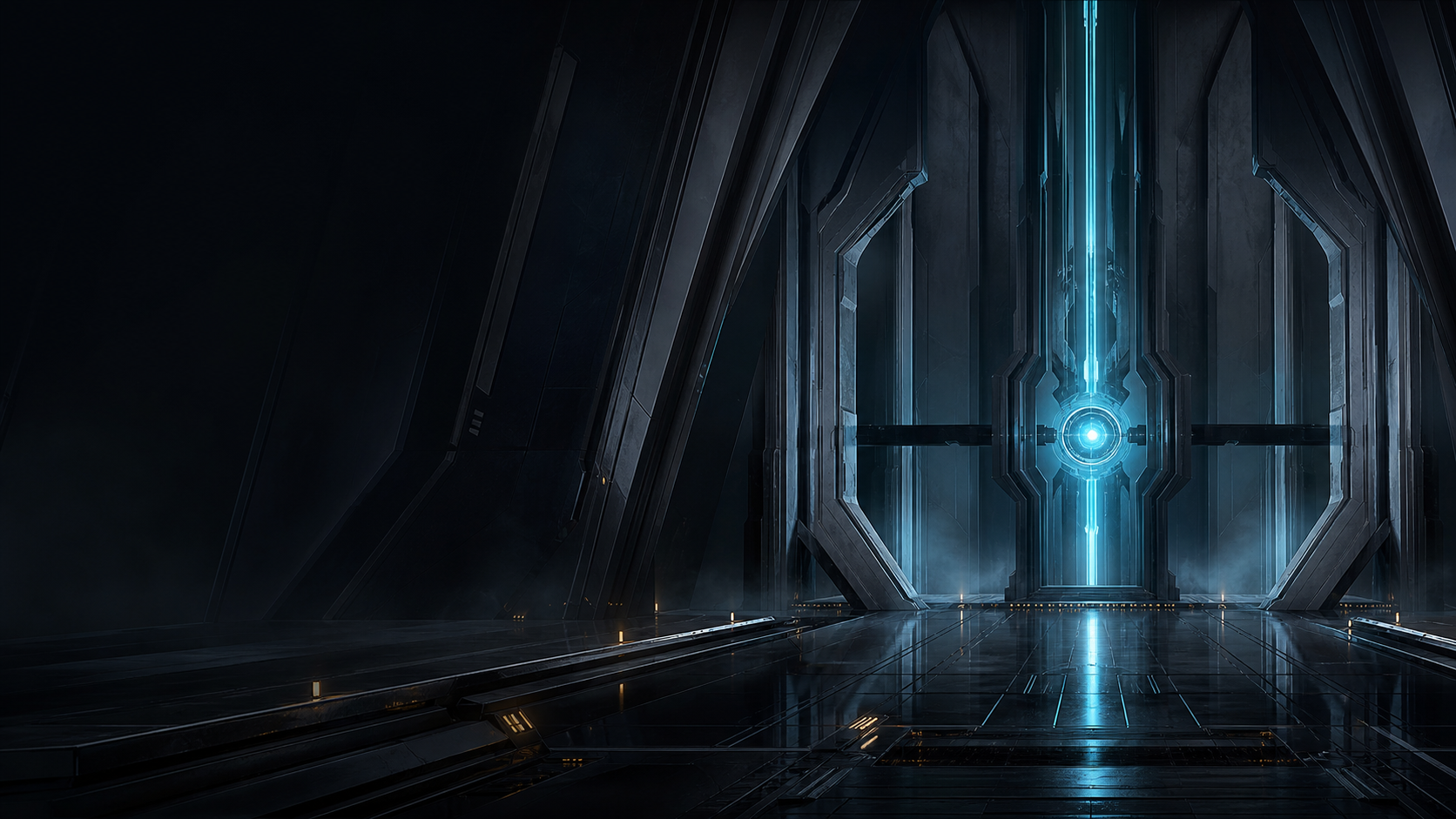 A cyan energy core inside a graphite industrial chamber