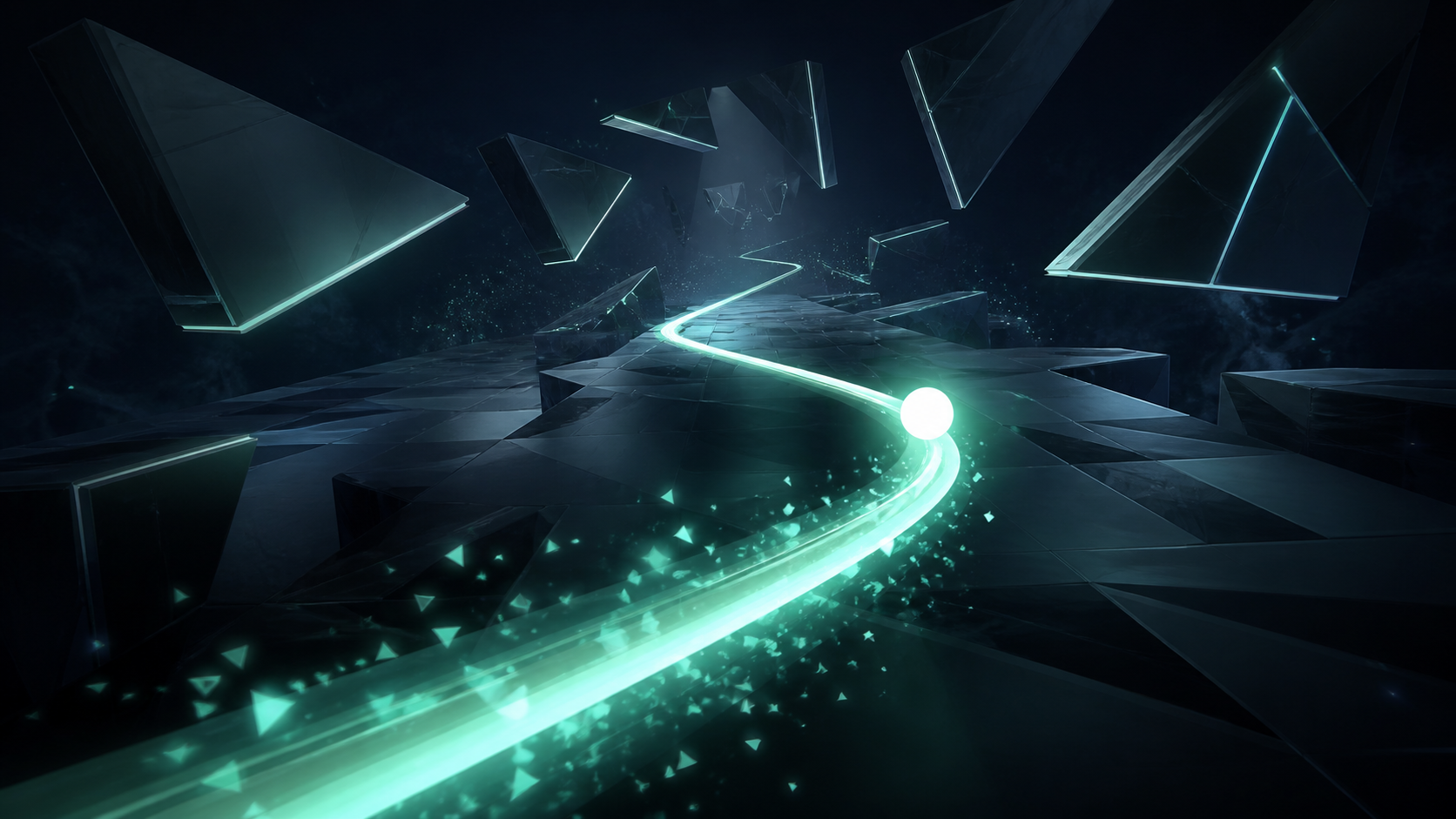 Tracefade key art showing a luminous path dissolving through a mineral-mint arcade field
